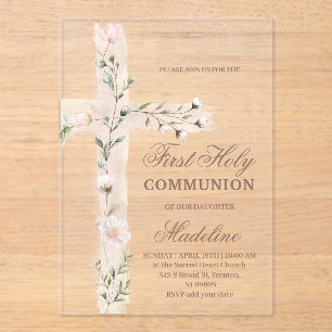 floral Holy cross First Communion Acrylic Invitations