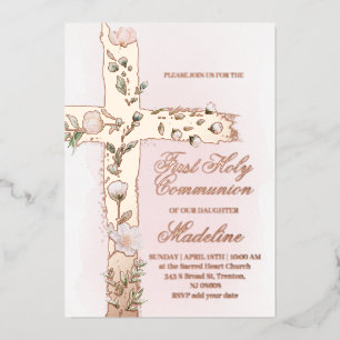 floral Holy cross First Communion Foil Invitation