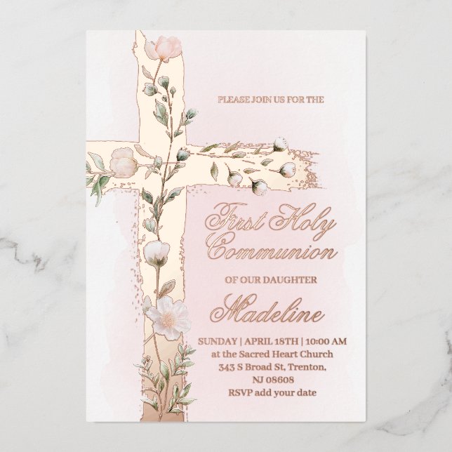 floral Holy cross First Communion Foil Invitation (Front)