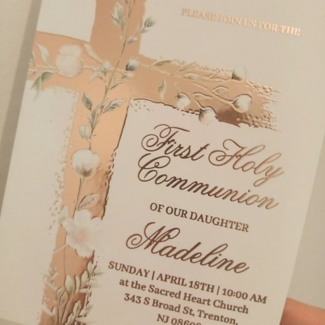 floral Holy cross First Communion Foil Invitation (Creator Uploaded)