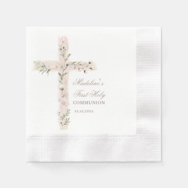 floral Holy cross First Communion Napkins (Front)