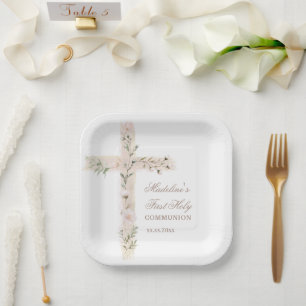 floral Holy cross First Communion Paper Plates