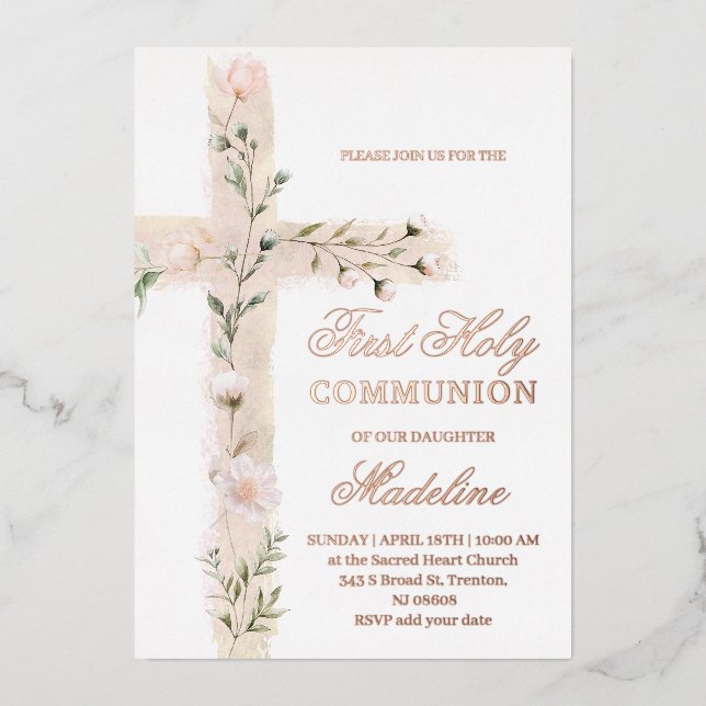 floral Holy cross First Holy Communion Foil Invitation (Front)
