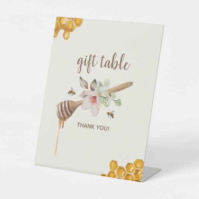 Floral Honey Bee Baby Shower Gift Table Pedestal Sign (Front)