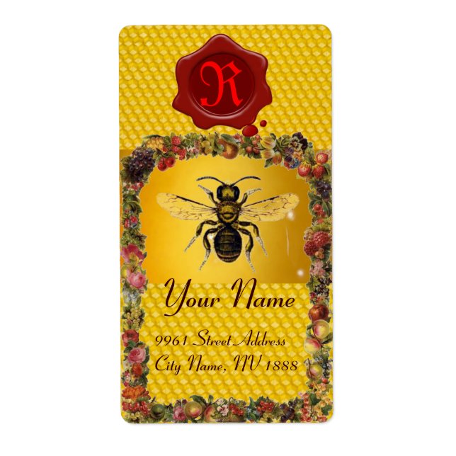FLORAL HONEY BEE ,BEEKEEPER,RED WAX SEAL MONOGRAM LABEL (Front)
