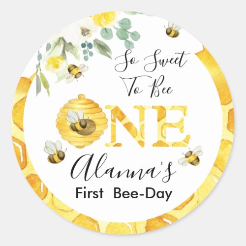 Floral Honey Bee First Bee_day Birthday Favor Classic Round Sticker