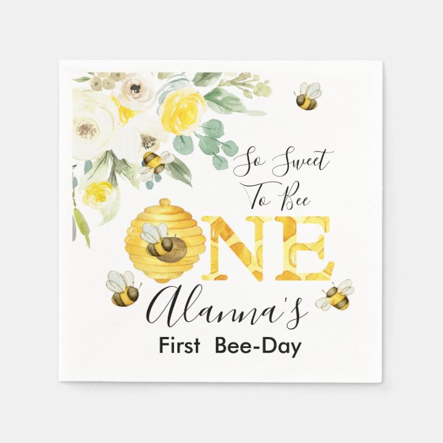Floral Honey Bee First Bee-day Birthday Napkins (Front)