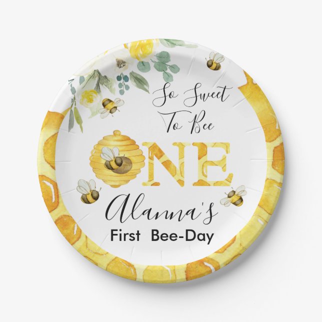 Floral Honey Bee First Bee-day Birthday Paper Plates (Front)