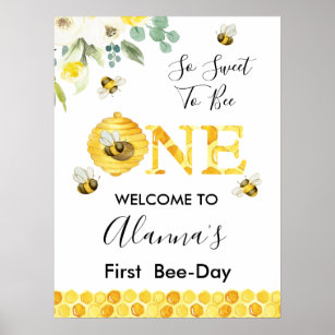 Floral Honey Bee First Bee-day Birthday Welcome Poster