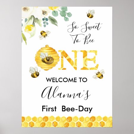Floral Honey Bee First Bee-day Birthday Welcome Poster
