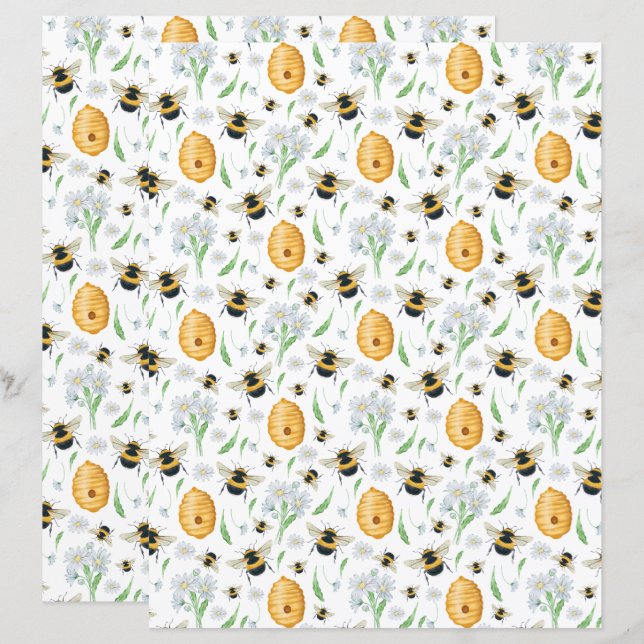 Floral Honey Bees Scrapbook Paper (Front/Back)