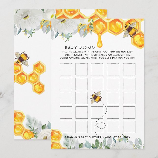 Floral Honeycomb | Bee Baby Shower Bingo Card (Front/Back)