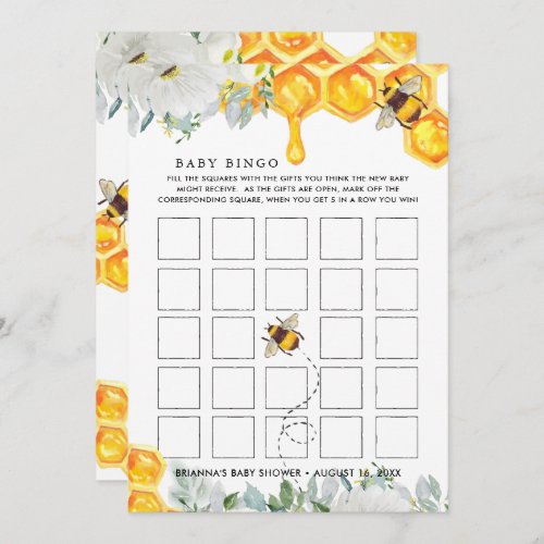 Floral Honeycomb  Bee Baby Shower Bingo Card