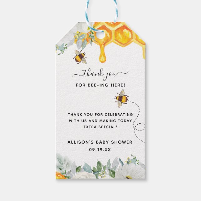 Floral Honeycomb Bumble Bee Baby Shower Thank You Gift Tags (Front)