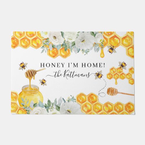 Floral Honeycomb Bumble Bee  Monogram Doormat