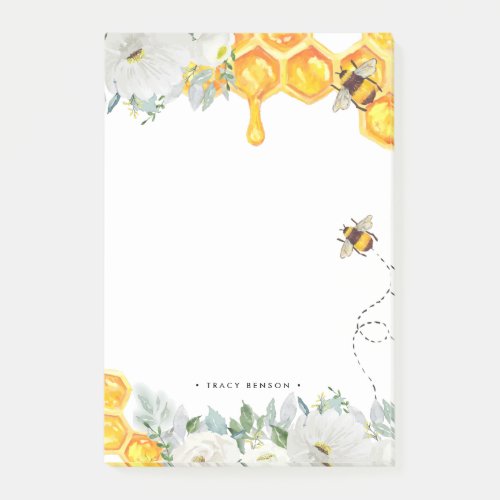 Floral Honeycomb Bumble Bee Monogram Personalized Post_it Notes