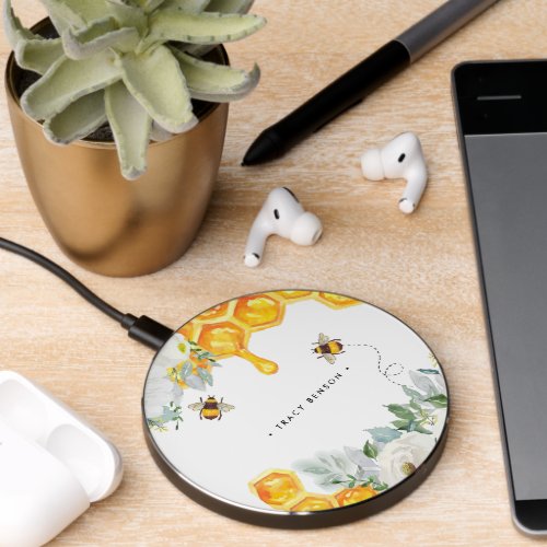 Floral Honeycomb Bumble Bee Monogram Personalized Wireless Charger