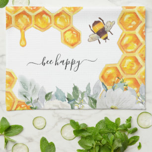 Floral Honeycomb Bumble Bee Monogram Tea Towel