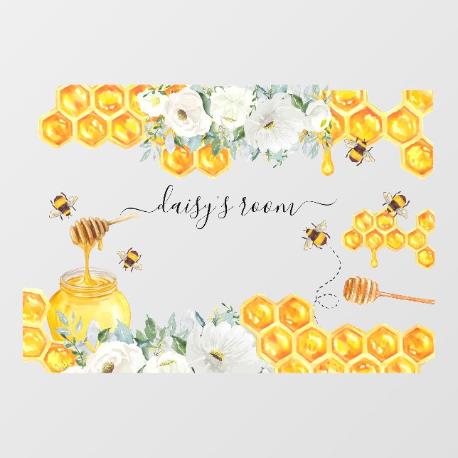 Floral Honeycomb Bumble Bee | Monogram  Wall Decal (Front)