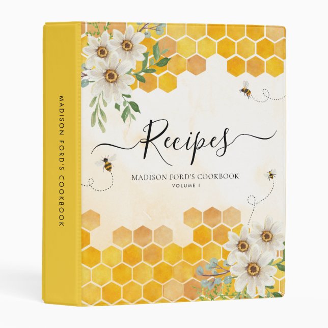 Floral Honeycomb Bumble Honey Bee Yellow Recipe Mini Binder (Front/Spine)