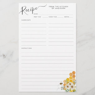 Floral Honeycomb Bumblebee Bee Kitchen Recipe Card