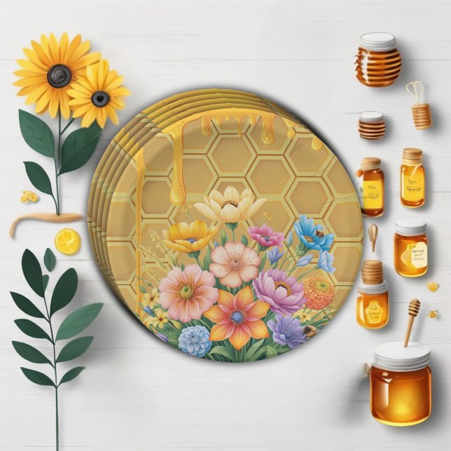 Floral Honeycomb Honeybee Honey Drip Baby Shower Paper Plates (Creator Uploaded)