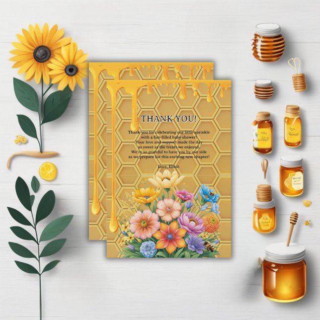 Floral Honeycomb Honeybee Honey Drip Baby Shower Thank You Card (Creator Uploaded)