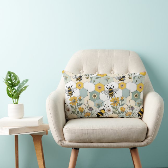 Floral Honeycomb Pillow with Cute Bees (Chair)