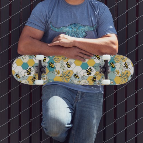 Floral Honeycomb with Bees Yellow and Teal Skateboard