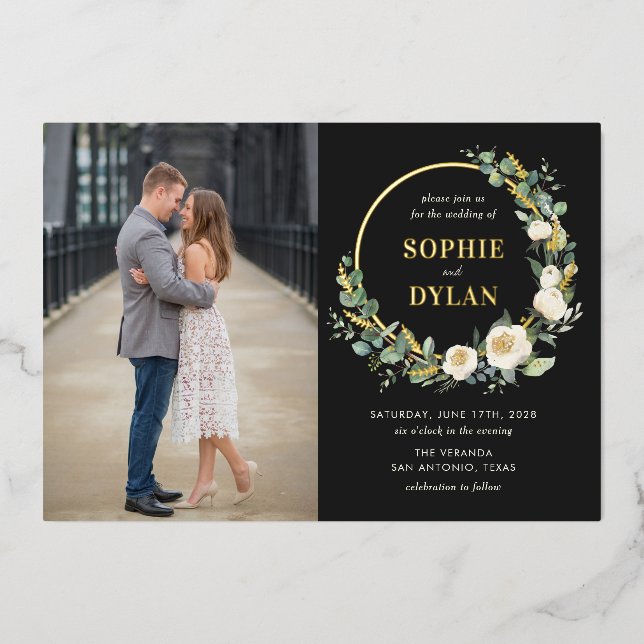Floral Hoop FOIL Photo Wedding Invitation Foil Invitation (Front)