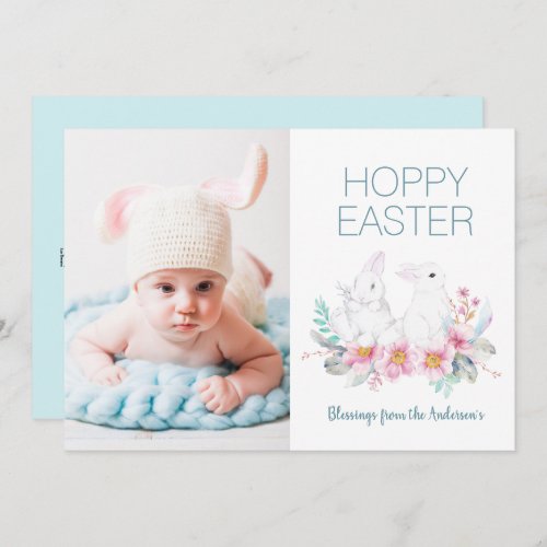 Floral Hoppy Easter Bunny 1 Photo Holiday Card