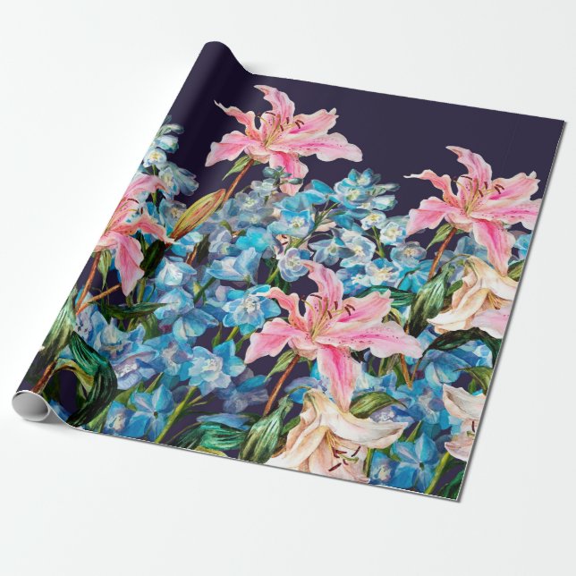 Floral horizontal border. Lilies and delphiniums,  Wrapping Paper (Unrolled)