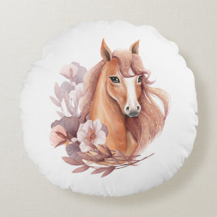 Floral Horse Illustration Round Pillow
