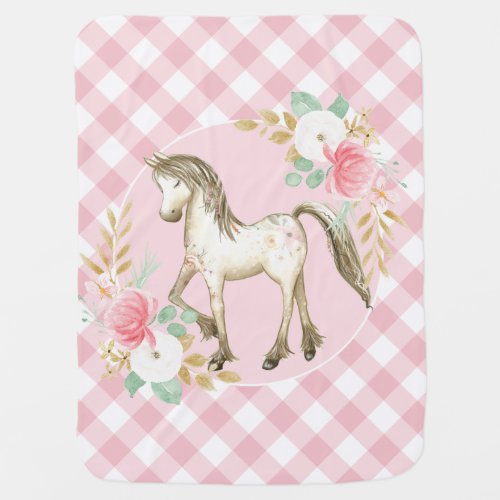 Floral Horse Pink Baby Blanket