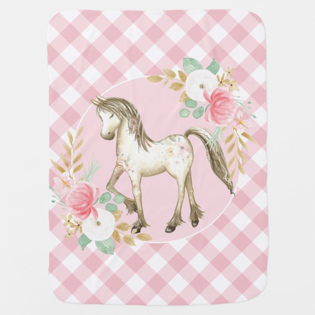 Floral Horse Pink Baby Blanket (Front)
