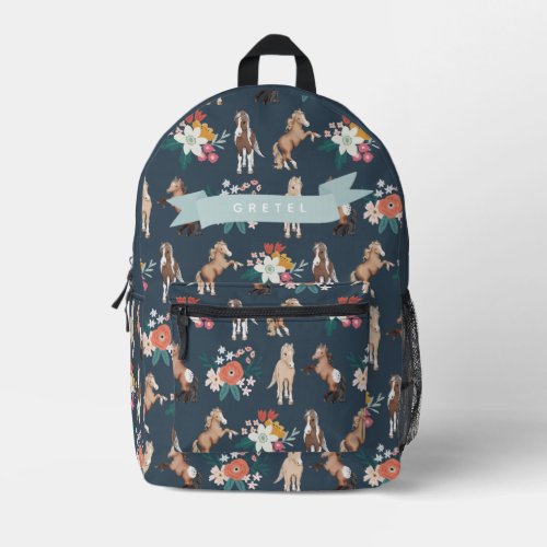 Floral HorsePony Pattern Navy Blue Girl Printed Backpack