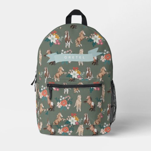 Floral HorsePony Pattern Sage Green Girl Printed Backpack