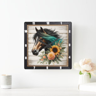 Floral Horse Rustic Square Wall Clock