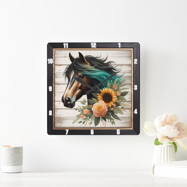 Floral Horse Rustic Square Wall Clock (Home)