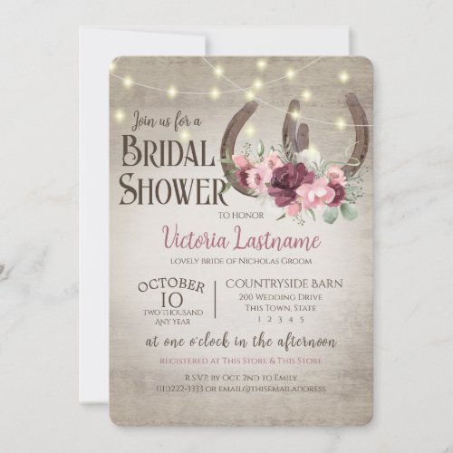 Floral Horseshoes and Lights Rustic Barn Wood Invitation