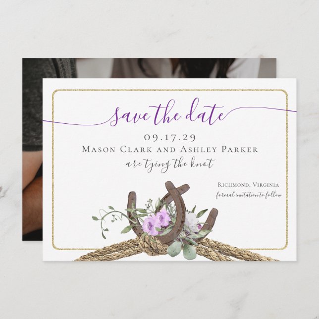 Floral Horseshoes Rope Save the Date with Photo Invitation (Front/Back)