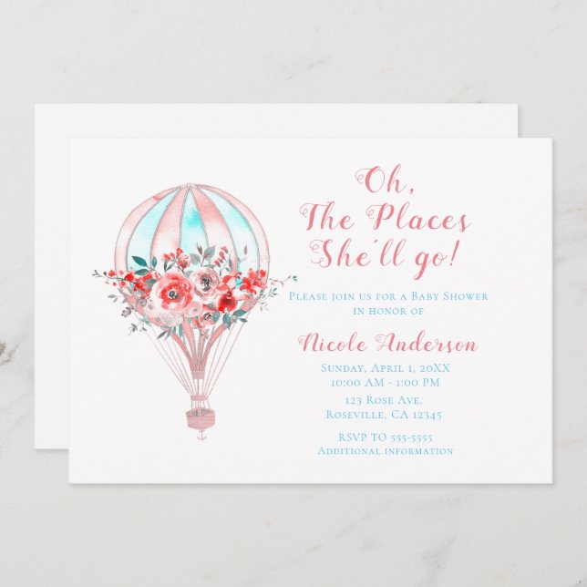 Floral Hot Air Baby Shower The Places She'll Go Invitation (Front/Back)