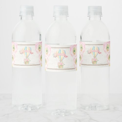 Floral Hot Air Balloon Adventure Baby Girl Party Water Bottle Label