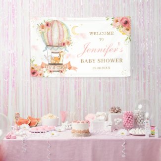 Floral Hot Air Balloon Animal Baby Shower Backdrop Banner