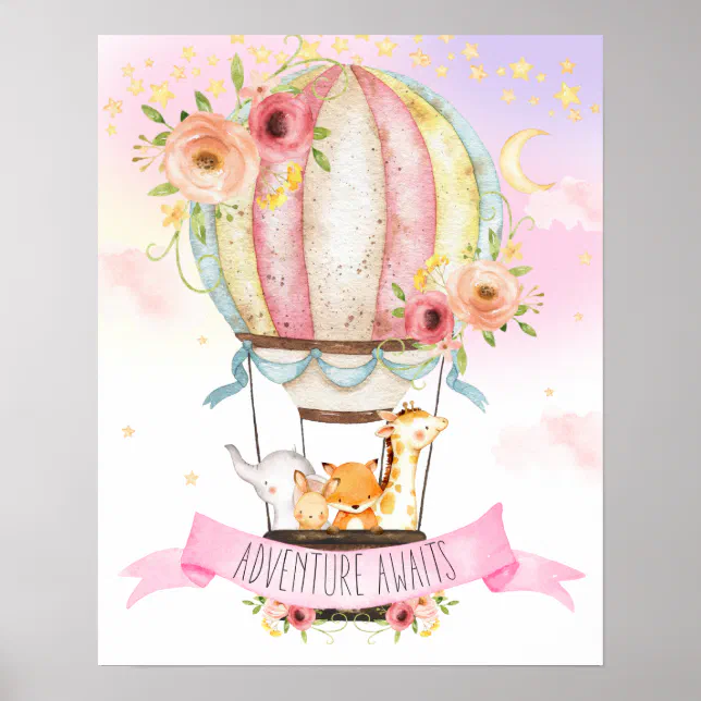 Floral Hot Air Balloon Animals Adventure Awaits Poster | Zazzle
