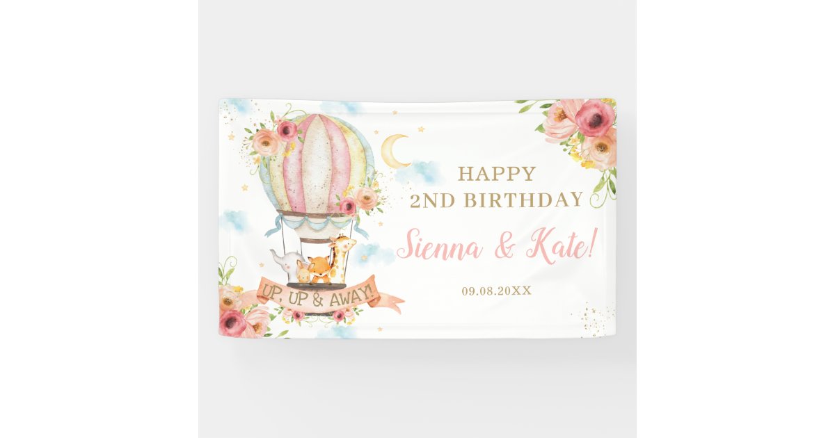 Floral Hot Air Balloon Animals Birthday Backdrop B Banner | Zazzle