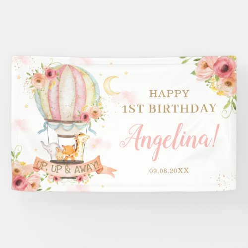 Floral Hot Air Balloon Animals Birthday Backdrop Banner