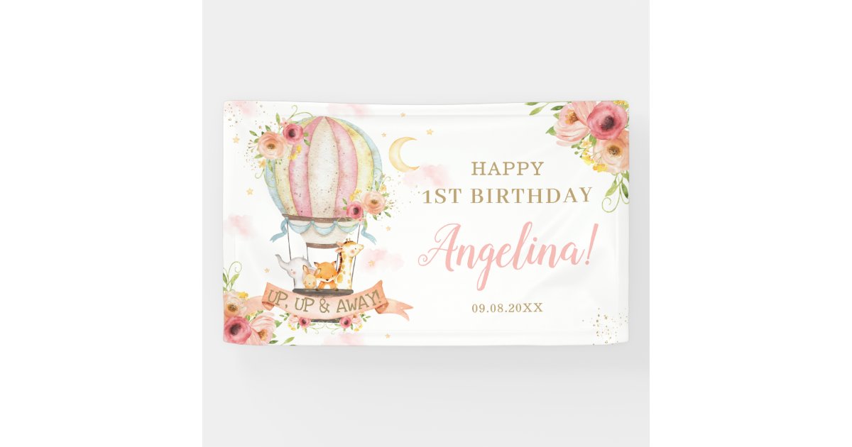 Floral Hot Air Balloon Animals Birthday Backdrop Banner | Zazzle