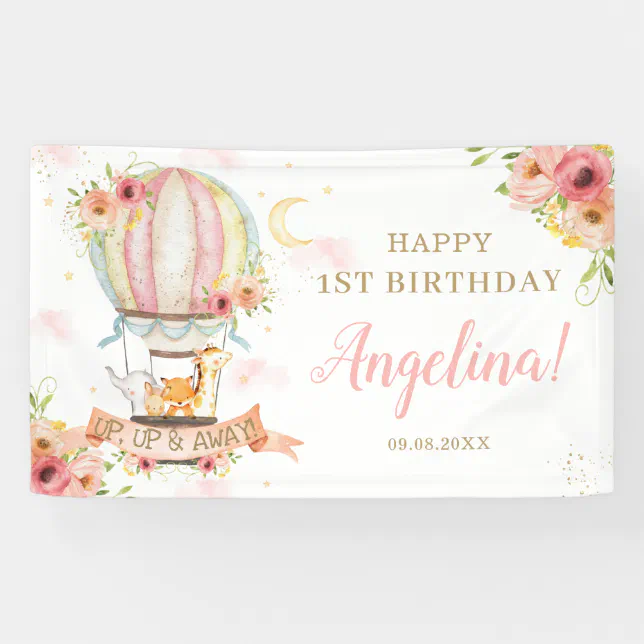 Floral Hot Air Balloon Animals Birthday Backdrop Banner | Zazzle