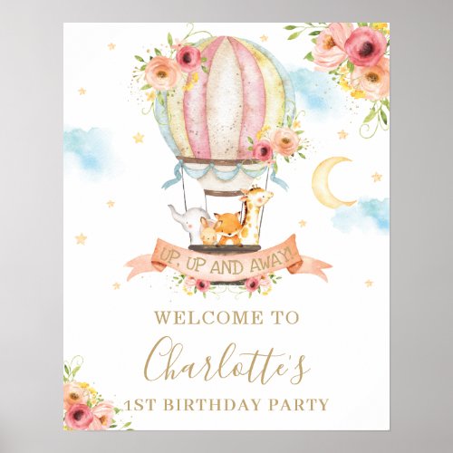 Floral Hot Air Balloon Animals Birthday Welcome Poster